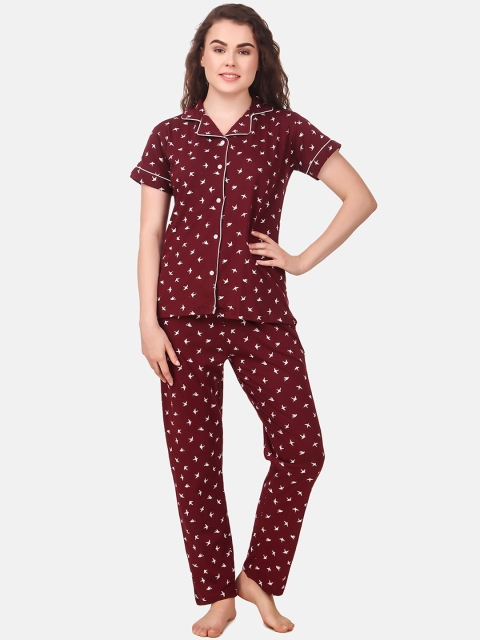 

Masha Women Maroon & White Birds Printed Night suit