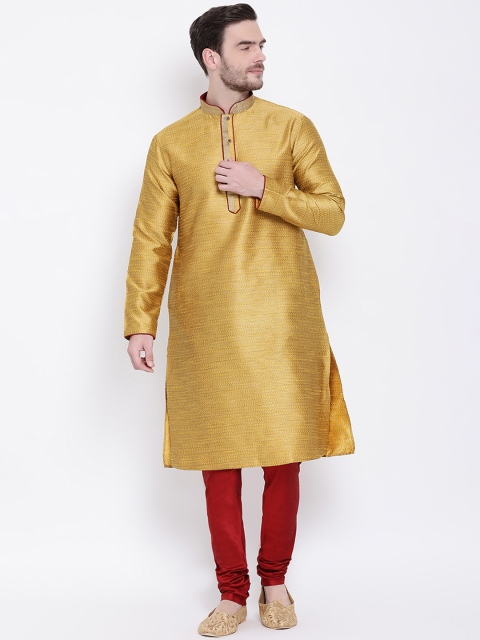 

Lakshya by Manish Men Mustard Yellow & Maroon Self Design Kurta with Churidar