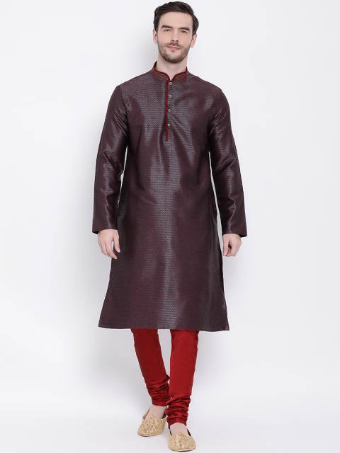 

Lakshya by Manish Men Maroon & Sea Green Self Design Kurta with Churidar