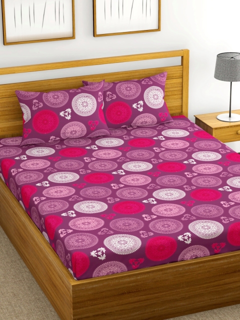 

URBAN SPACE Purple & Pink Ethnic Motifs 200 TC Cotton 1 Queen Bedsheet with 2 Pillow Covers