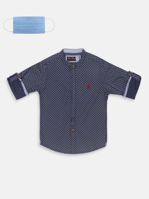 

Lil Tomatoes Boys Navy Blue Beige Regular Fit Printed Casual Shirt