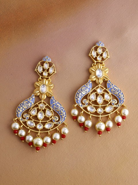 

Imittire Gold-Plated & Blue Floral Enamelled Kundan Drop Earrings