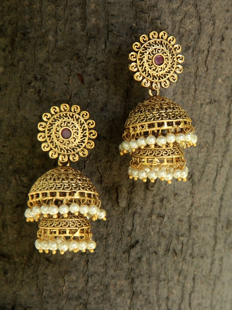 

Adwitiya Collection Gold-Plated Dome Shaped Jhumkas
