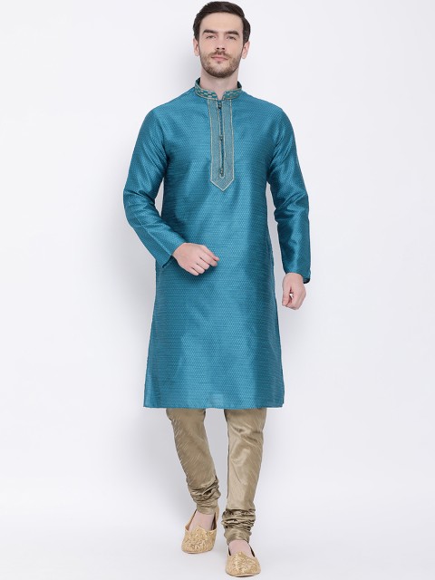 

Lakshya by Manish Men Turquoise Blue & Beige Self Design Kurta with Churidar