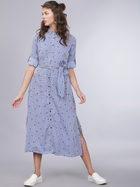

Mumbai Slang Chic Women Blue & White Striped Shirt Dress