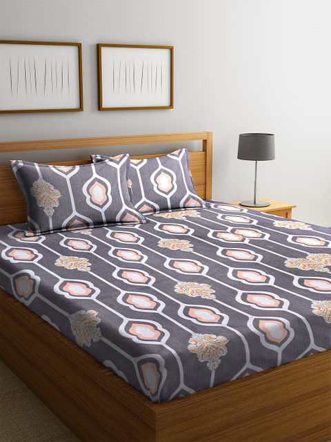 

Home Sizzler Grey & White Ethnic Motifs 144 TC Polyester 1 Queen Bedsheet with 2 Pillow Covers