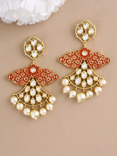 Imittire Red Gold-Plated Kundan Polki Floral Drop Earrings