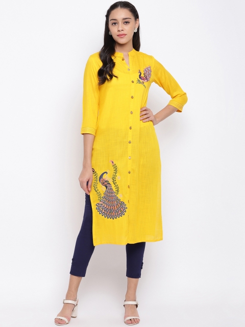 

Vbuyz Women Yellow & Navy Blue Embroidered Straight Kurta