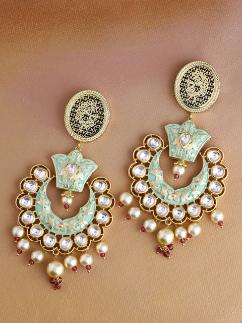 

Imittire Gold-Plated & Green Enamelled Crescent Shaped Chandbalis