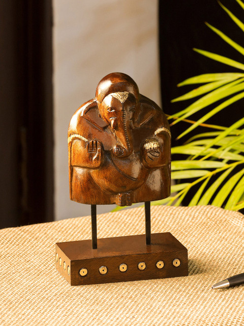

ExclusiveLane Brown & Gold-Toned Hand Carved Blessing Ganesha Wooden Sculpture Showpiece