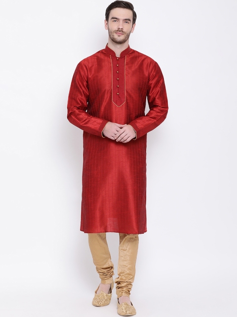 

Lakshya by Manish Men Red & Gold-Coloured Striped Kurta with Churidar