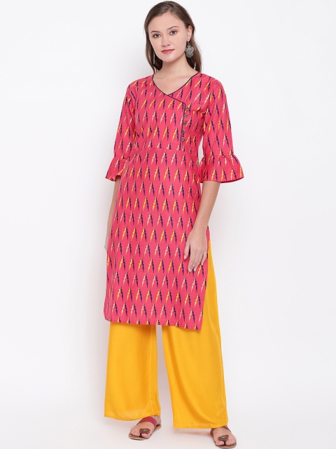 

Vbuyz Women Coral Red Ikkat Printed Straight Kurta