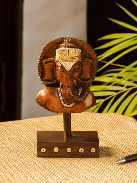 

ExclusiveLane Brown & Gold-Toned Enlightened Ganesha Hand Carved Wooden Showpiece