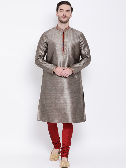 

Lakshya by Manish Men Gold-Toned & Red Self Design Kurta with Churidar