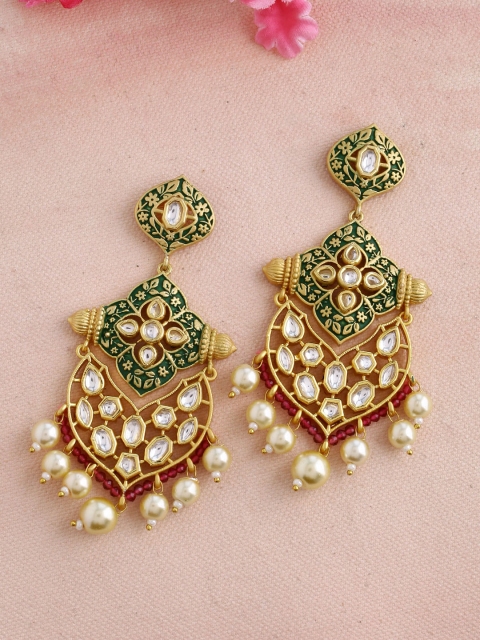 

Imittire Green & Gold-Plated Floral Drop Earrings