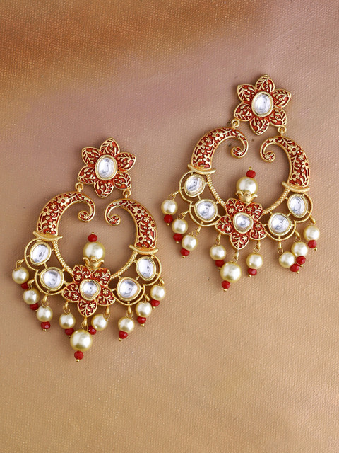 

Imittire Red Gold Plated Floral Enamelled Drop Earrings