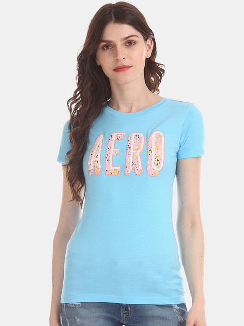 

Aeropostale Women Blue Appliqued Round Neck T-shirt