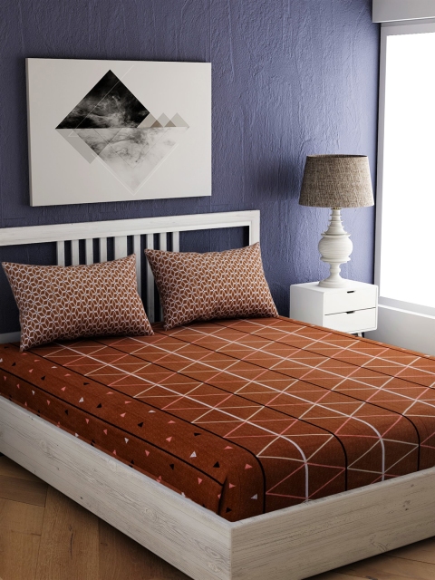 

EverHOME Brown Geometric 144 TC Cotton 1 Queen Bedsheet with 2 Pillow Covers