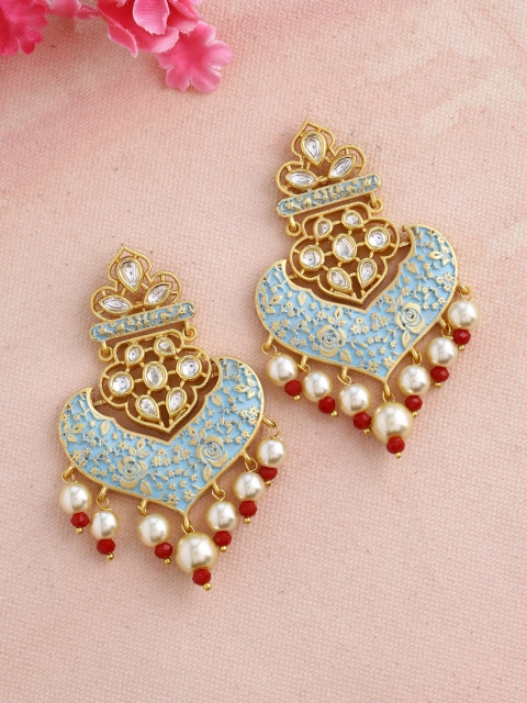 

Imittire Turquoise Blue & Gold-Plated Enamelled Kundan Polki Studded Floral Drop Earrings