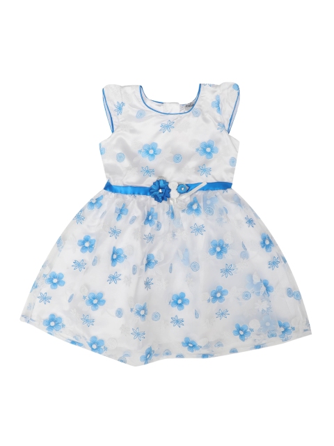 

Doodle Girls Blue & White Floral Printed Embellished Fit and Flare Dress