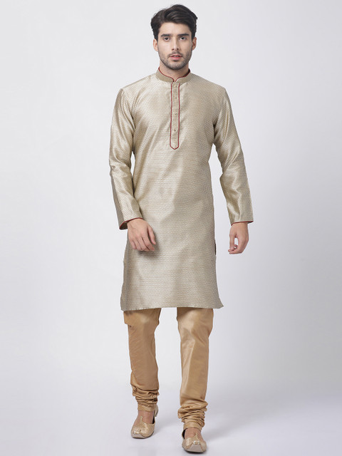 

VASTRAMAY Men Beige & Rose Gold Self Design Kurta with Churidar