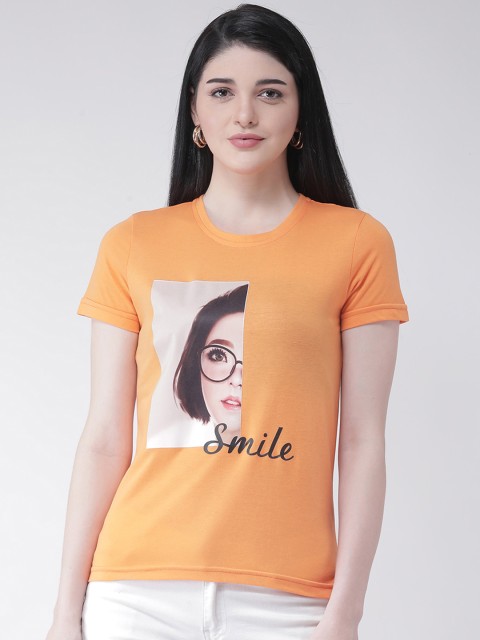 

Club York Women Orange Printed Round Neck T-shirt