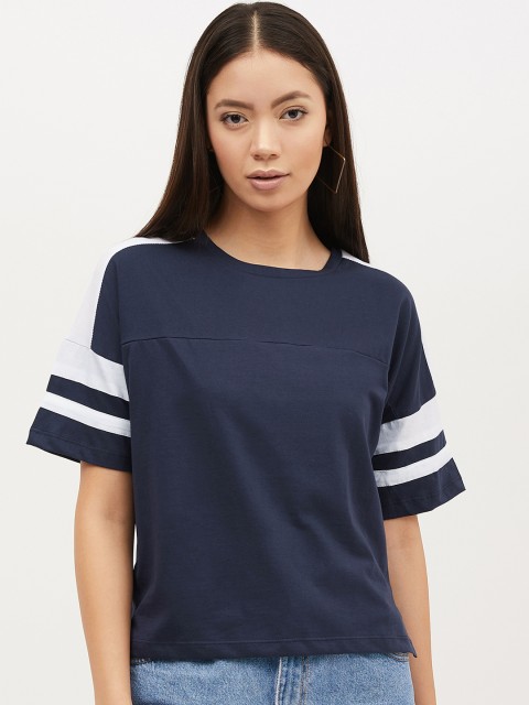 

Harpa Women Navy Blue Solid Round Neck T-shirt