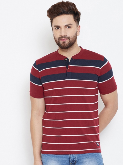 

Austin wood Men Maroon & White Striped Polo Collar T-shirt