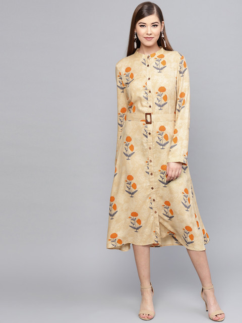 

RARE Women Beige Floral Printed Shirt Dress