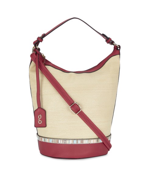 

Global Desi Maroon & Cream-Coloured Colourblocked Handheld Bag