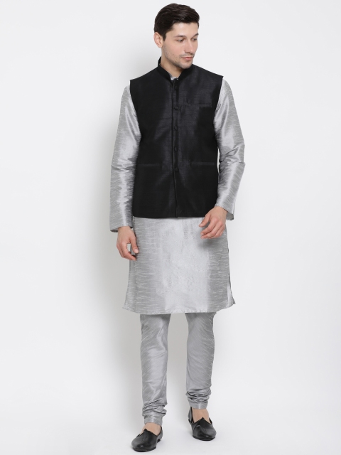 

VASTRAMAY Men Grey & Black Solid Kurta With Churidar & Nehru Jacket