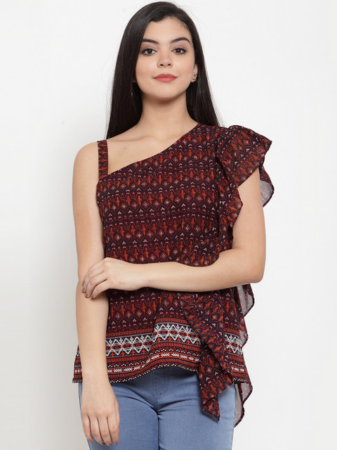 

Aujjessa Women Brown & Red Printed Top