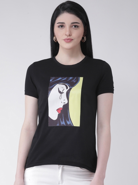 

Club York Women Black & White Printed Round Neck T-shirt