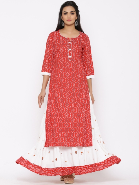 

Ishin Women Red & White Printed Kurta with Skirt & Dupatta