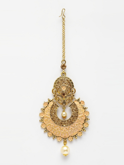 

ANIKAS CREATION Gold-Plated Beige & Off-White Stone-Studded Enamelled Maang Tikka