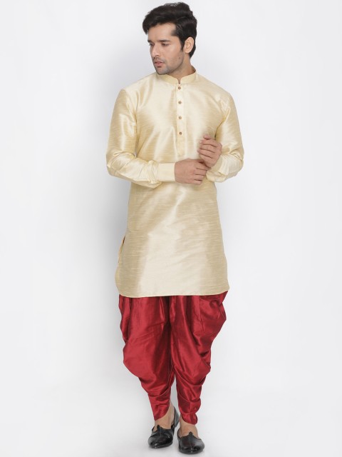 

VASTRAMAY Men Gold & Maroon Solid Kurta with Dhoti Pants