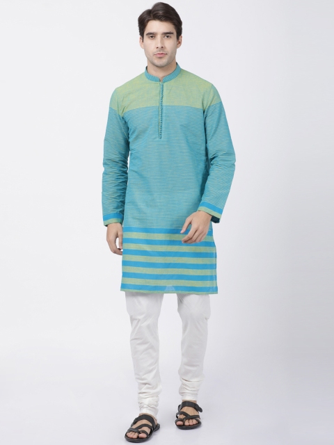 

VASTRAMAY Men Blue & Cream-Coloured Striped Kurta with Churidar