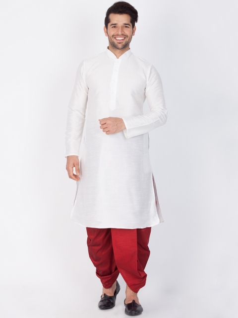 VASTRAMAY Men White & Maroon Solid Kurta with Dhoti Pants