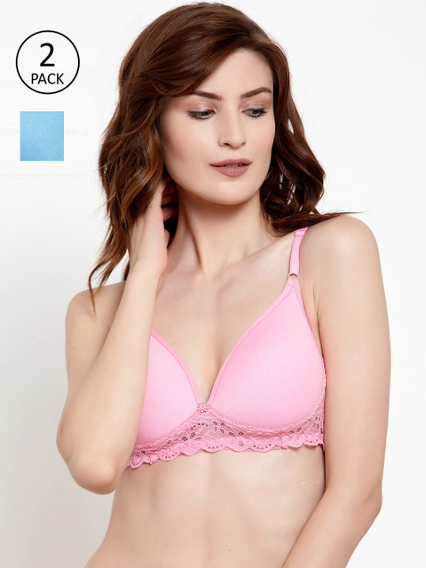 

Quttos Pack of 2 Solid Non-Wired Lightly Padded T-shirt Bras QT-BR-2PCS-4007-PNK-BLU, Pink