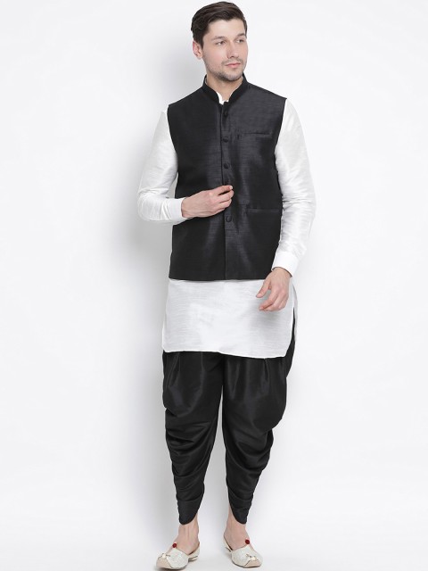 

VASTRAMAY Men White & Black Solid Kurta with Dhoti Pants & Ethnic Jacket