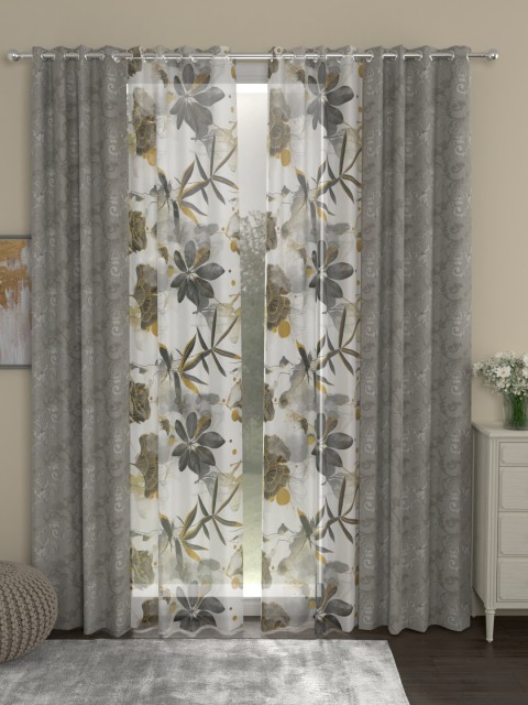 

ROSARA HOME Grey & White Regal Voile Set of 4 Door Curtains