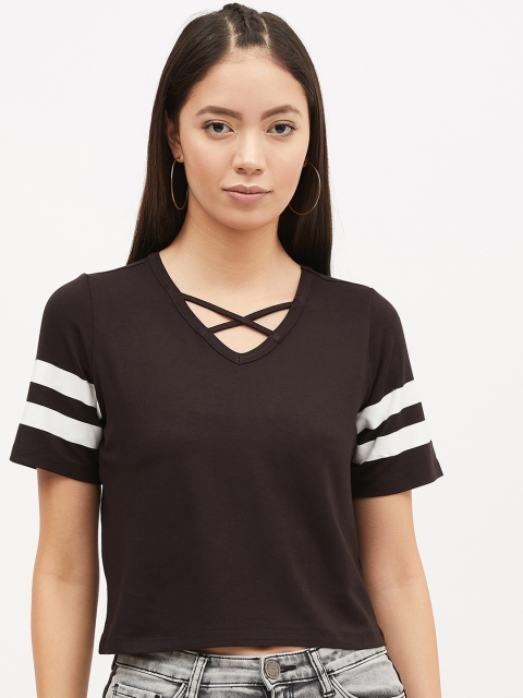 

Harpa Women Coffee Brown Solid Pure Cotton T-shirt with Side Stripes