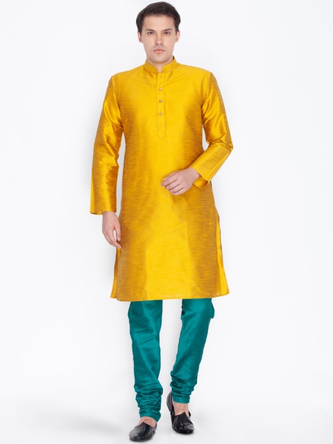 

VASTRAMAY Men Mustard Yellow & Green Solid Kurta with Churidar