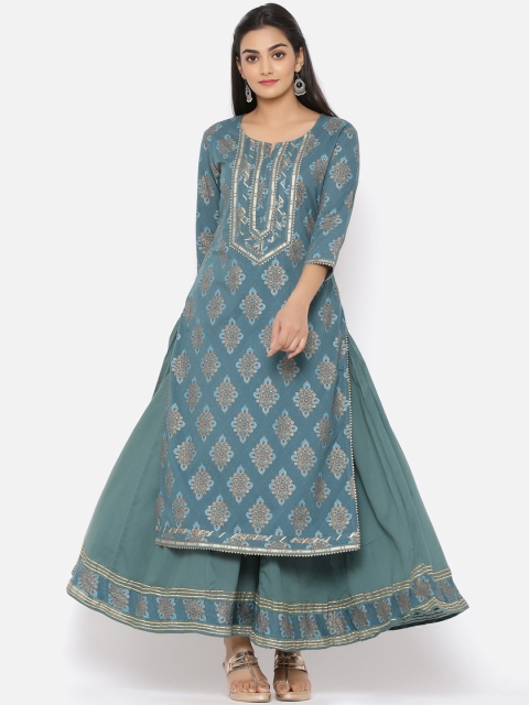 

Ishin Women Teal Green Printed Kurta with Sharara
