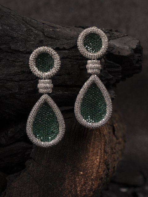 

Shoshaa Green & Silver-Plated CZ Studded Teardrop Shaped Drop Earrings