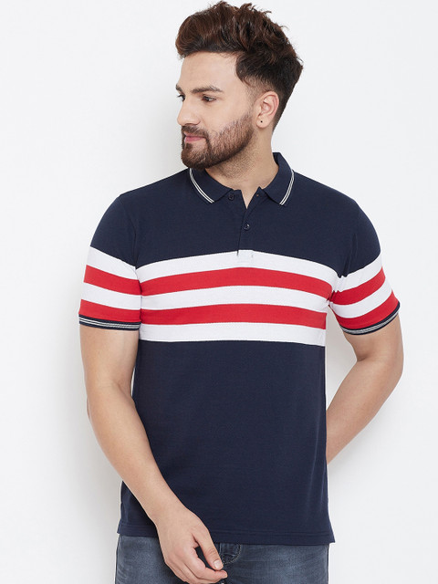

Austin wood Men Navy Blue & Red Striped Polo Collar T-shirt