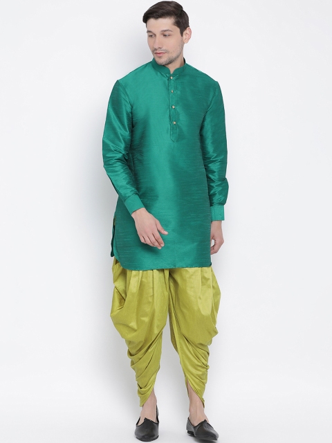 

VASTRAMAY Men Green & Lime Green Solid Kurta with Dhoti Pants