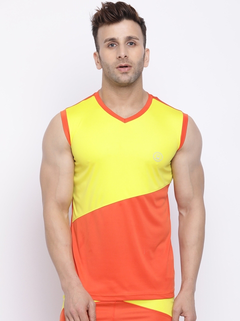

Chkokko Men Orange & Yellow Dri-Fit Colourblocked V-Neck Gym T-shirt