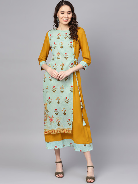 

RARE Women Green & Mustard Yellow Floral Print Wrap Dress