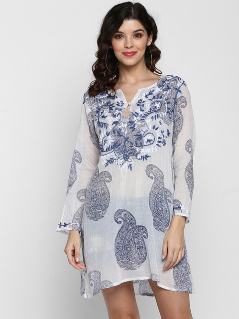 

Aditi Wasan Women White & Blue Embroidered Tunic